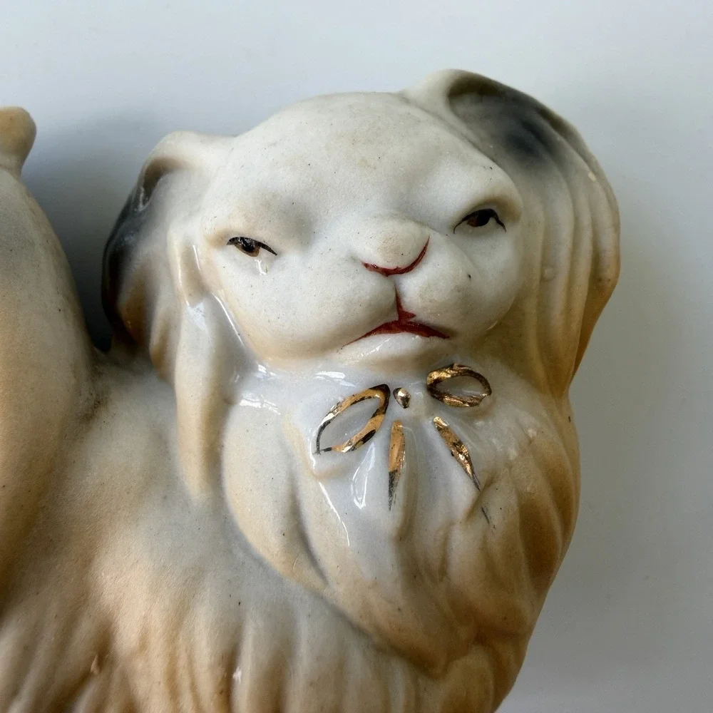 Vintage Orion Japan Ceramic Pekingese Dog Figurine Gold Bow Long Hair Puppy 3.5